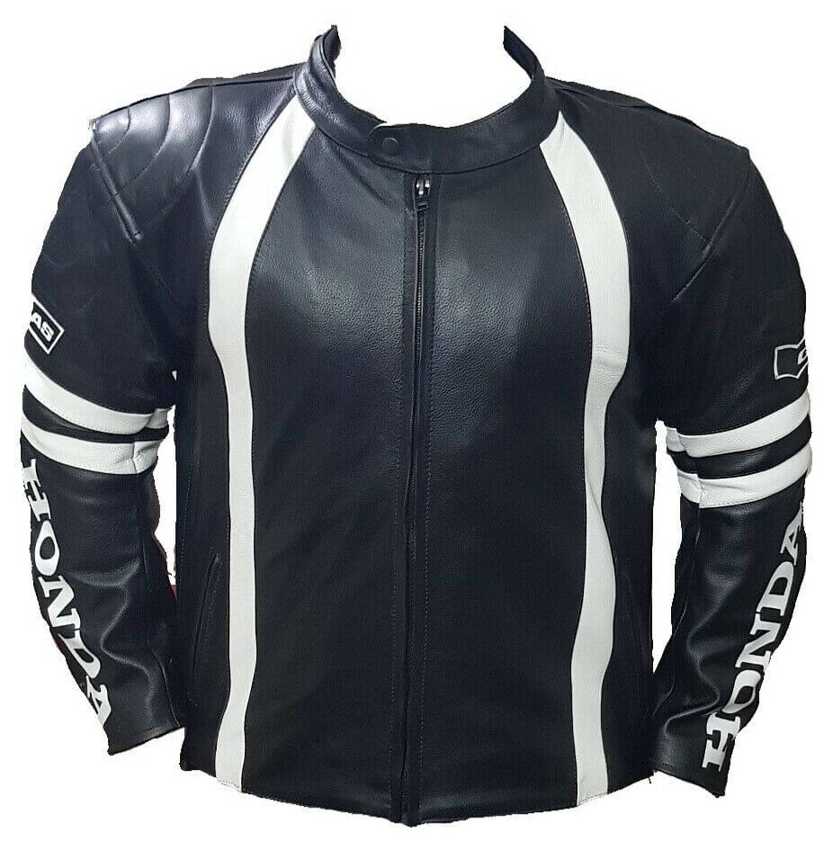 Honda-Motorcycle-Black-And-White-Racing-Leather-Jacket-1.jpg Honda Motorcycle Black And White Racing Leather Jacket - Image 1