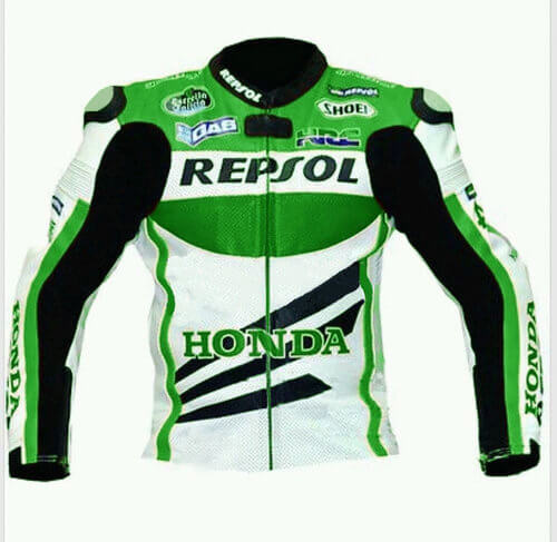 Honda-Repsol-Motorcycle-White-And-Green-Leather-Jacket-1.jpg Honda Repsol Motorcycle White And Green Leather Jacket - Image 1