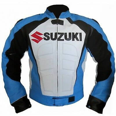 Suzuki-GSXR-Motorcycle-Blue-And-White-Leather-Jacket-1.jpg Suzuki GSXR Motorcycle Blue And White Leather Jacket - Image 1