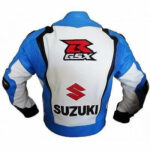 Suzuki GSXR Motorcycle Blue And White Leather Jacket - Image 2