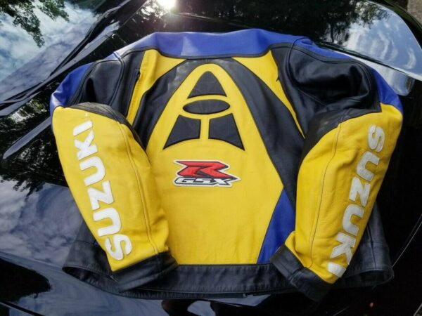 Suzuki GSXR Motorcycle Blue And Yellow Leather Jacket - Image 2