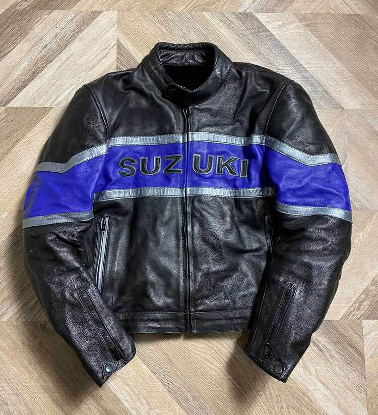Suzuki-Motorcycle-Black-And-Navy-Blue-Leather-Jacket-1.jpg Suzuki Motorcycle Black And Navy Blue Leather Jacket - Image 1