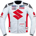 Suzuki Motorcycle Racing White And Red Leather Jacket