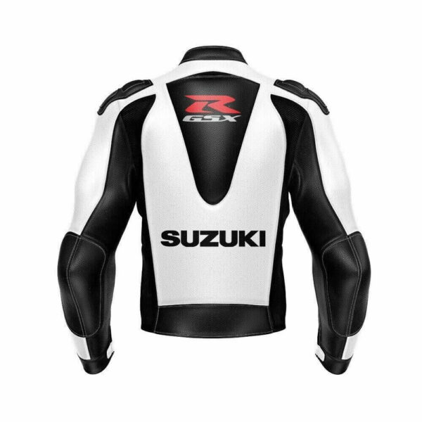 White Black Suzuki GSXR Motorcycle Leather Jacket - Image 2