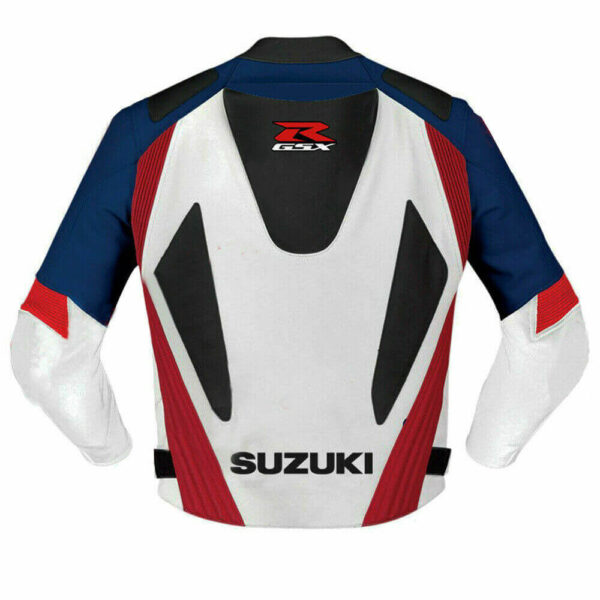White Blue Suzuki GSXR Motorcycle Leather Jacket - Image 2