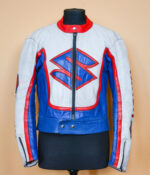 White Blue Suzuki Motorcycle Racing Leather Jacket