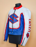 White Blue Suzuki Motorcycle Racing Leather Jacket - Image 2
