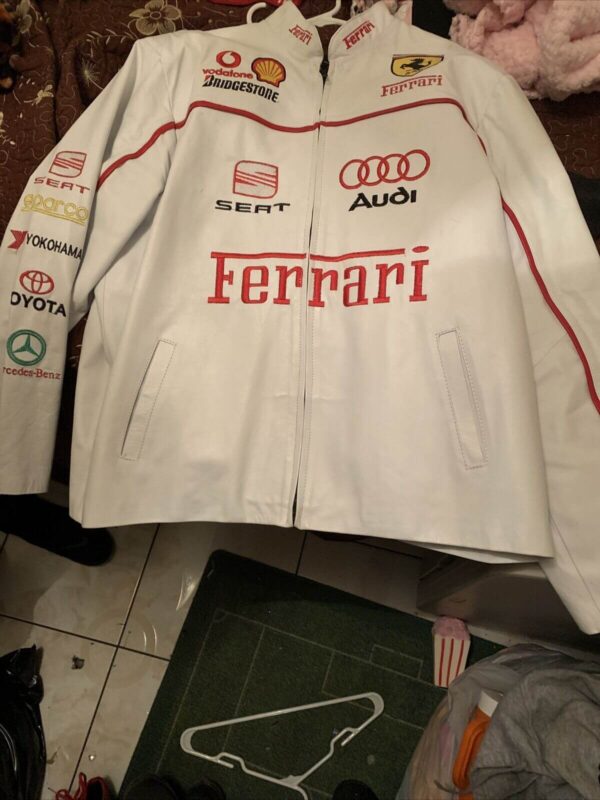 White Ferrari Motorcycle Racing Leather Jacket - Image 3
