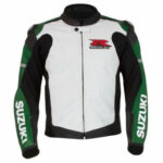 White Green Suzuki Motorcycle Leather Jacket