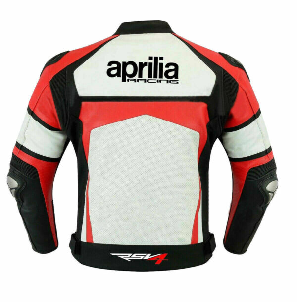 White Red Aprilia Motorcycle Racing Leather Jacket - Image 2